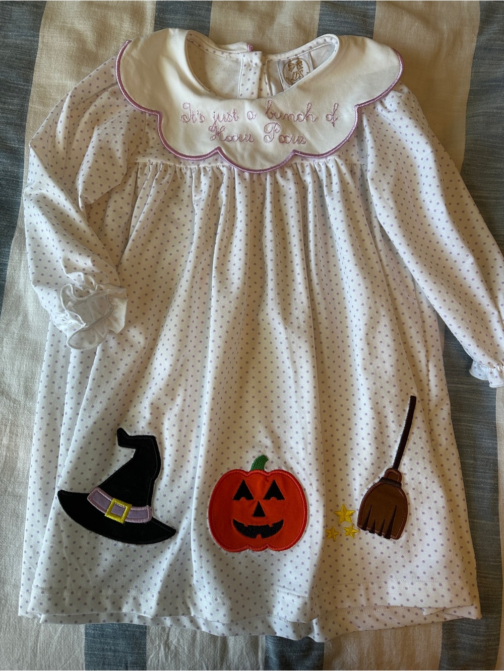 Girls' White Polka Dot Halloween Dress with Pumpkin, Witch Hat & Broom Appliqués